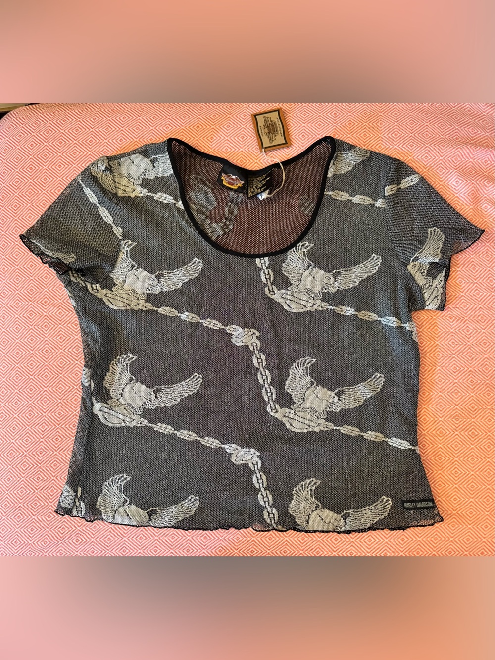 Medium Harley-Davidson Black Mesh Short Sleeve Top with eagle & Chain Print